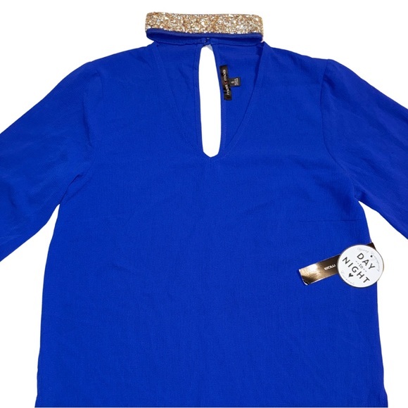 MOAMOA | NWT | Rhinestone Embellished Collar Sheer Blouse Cobalt Blue Small - Picture 2 of 6